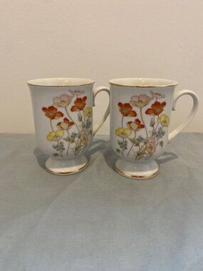 2 Painted Poppy Fanci Floral Collection Porcelain Cup Mugs 4.5" Footed Pedestal